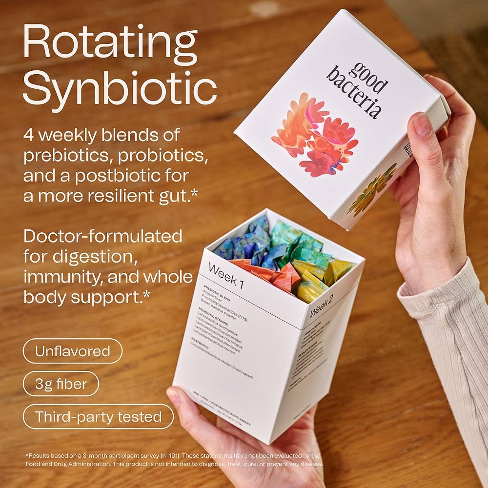 Hands opening a Good Bacteria box, showing the weekly sachets of the rotating synbiotic